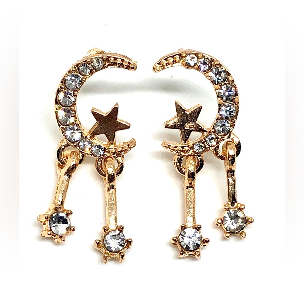 Crescent Moon Star White Crystal Rhinestone Celestial Post 2 Dangle Earrings NWT